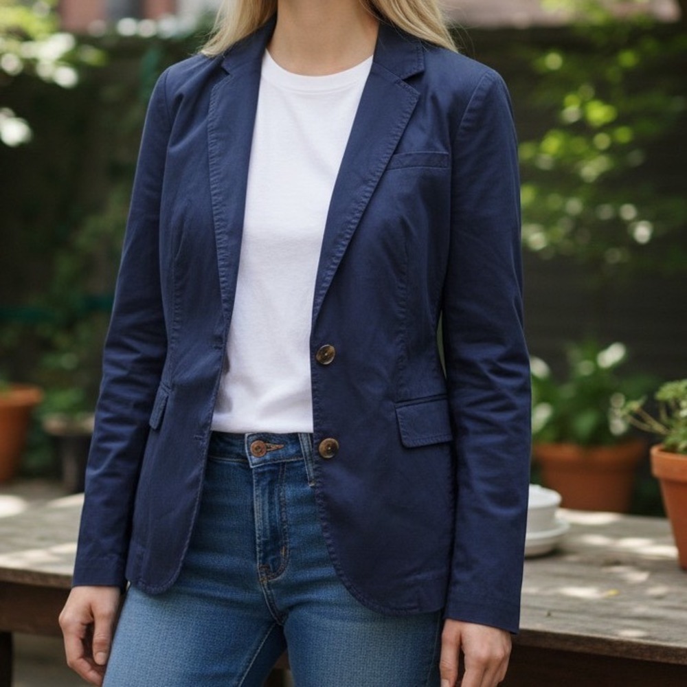 L.L.Bean Blazer Womens Large N/A Navy Blue Cotton Blend Casual Career Jacket